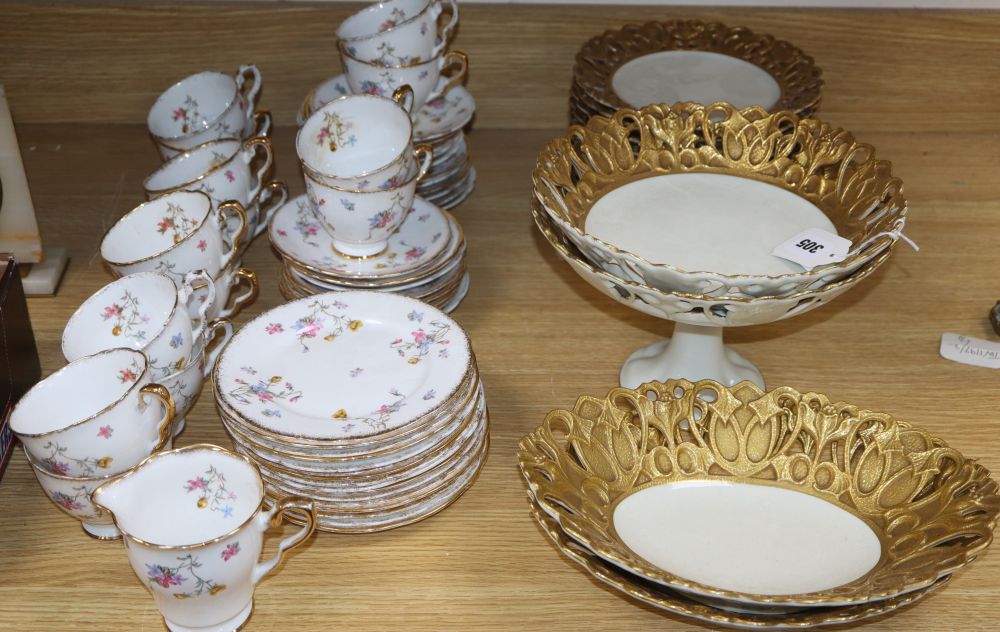 A Continental six piece dessert service with pierced cut borders and a Royal Stafford bone china Violets-Pompadour part tea service